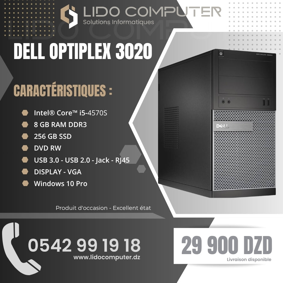 - Unité Dell Optiplex 3020 Tour i5-4570S - 8 Gb - 256 Gb SSD