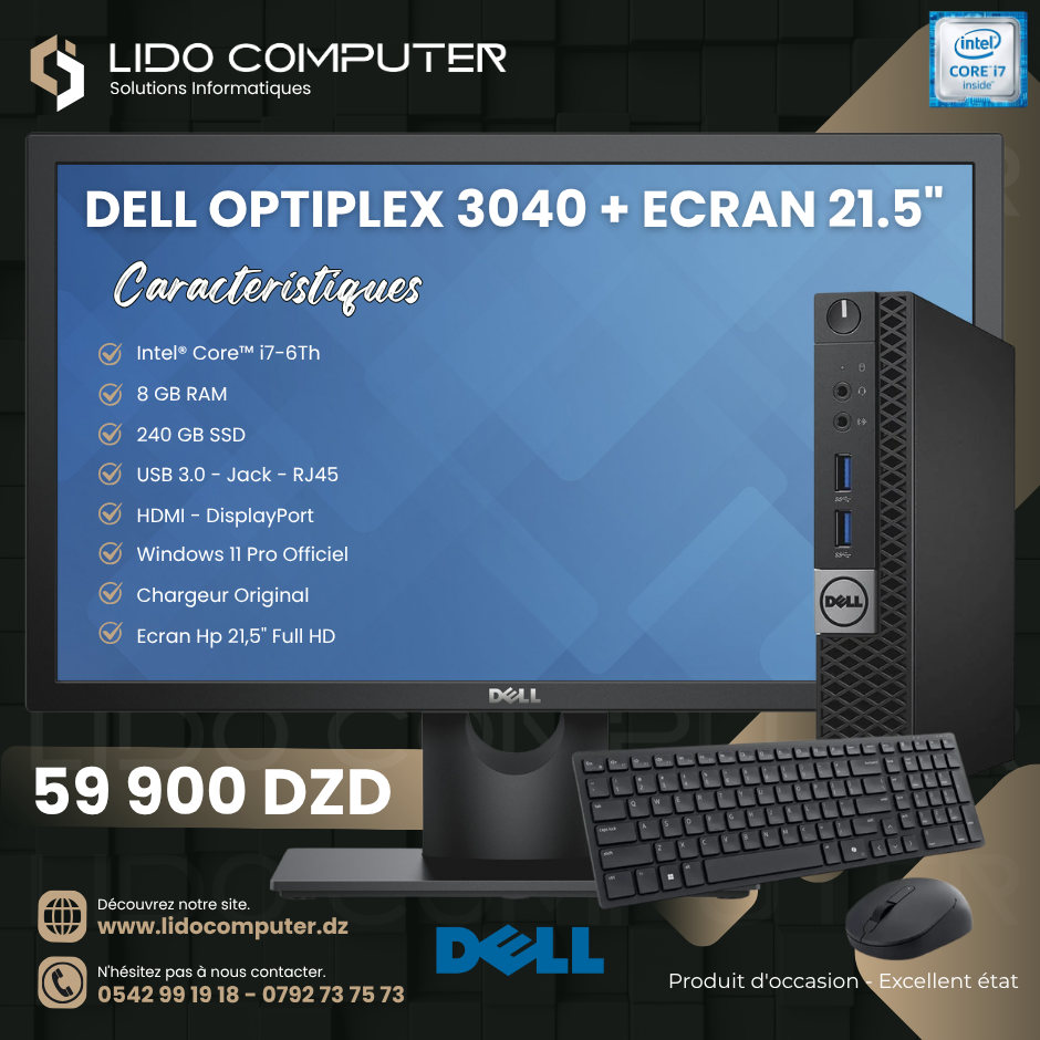Dell Optiplex 3040 Mini i7-6ᵗʰ - 8 Gb - 240 Gb SSD - 21,5" FHD - Clavier/Souris Sans fil