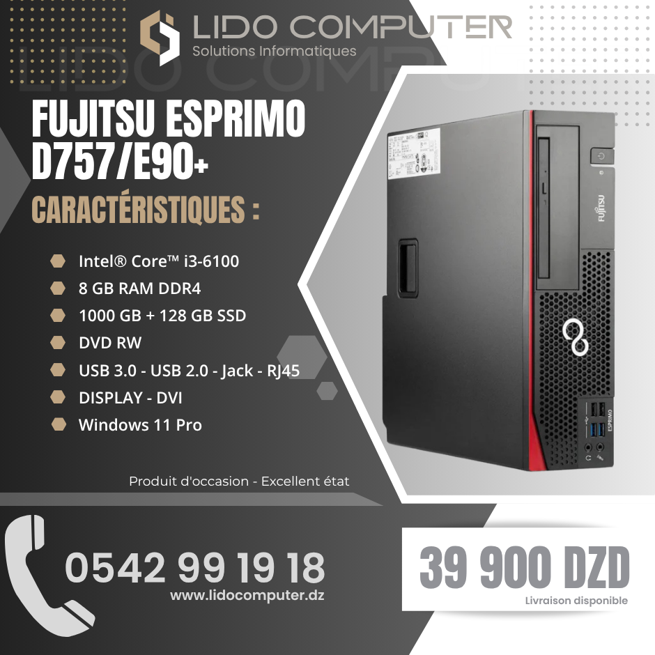 - Unité Fujitsu Esprimo D757/E90+ i3-6100 - 8 Gb - 1000 Gb HDD (( + 128 GB SSD OFFERT ))