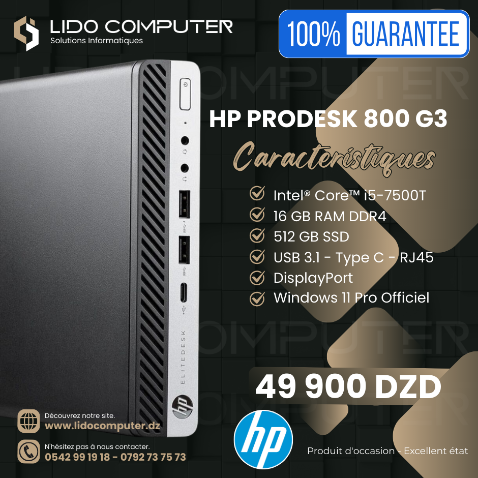 Hp ProDesk 800 G3 i5-7500T - 16 Gb - 512 Gb + Écran Hp P22VBG5 21,5" FHD