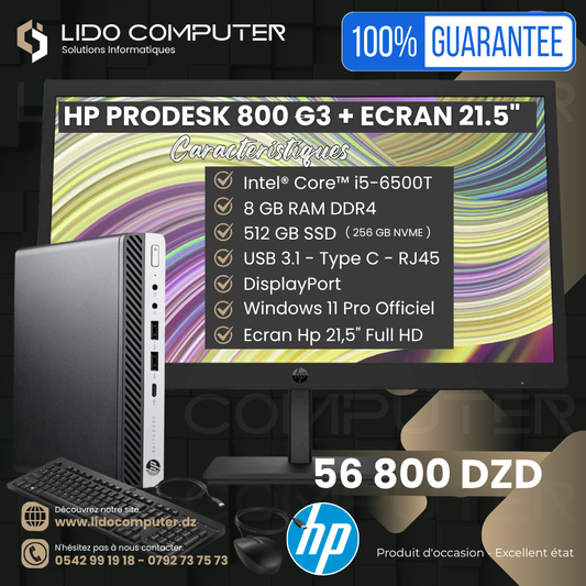 Hp ProDesk 800 G3 i5-7500T - 8 Gb - 512 Gb + Écran Hp P22VBG5 21,5" FHD