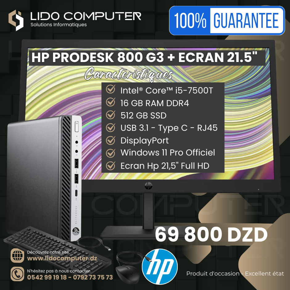 Hp ProDesk 800 G3 i5-7500T - 16 Gb - 512 Gb + Écran Hp P22VBG5 21,5" FHD