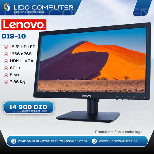 Écran Lenovo D19-10 LED 18,5" HD - 1366 x 768 - HDMI VGA - 60 Hz - 5 ms - 2,36 Kg