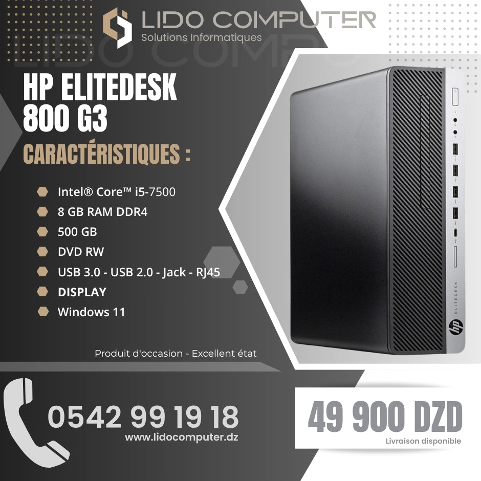 - Unité Hp EliteDesk 800 G3 i5-7500 - 8 Gb - 500 Gb